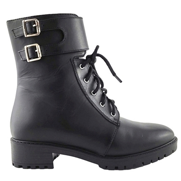 NWT Italian Shoemakers Black Leather Lace-Up Combat Short Boot Strap Buckle Sz 6 - Picture 1 of 15